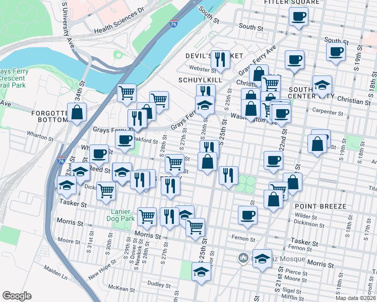 map of restaurants, bars, coffee shops, grocery stores, and more near 2609 Latona Street in Philadelphia