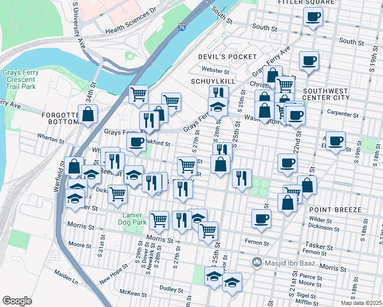 map of restaurants, bars, coffee shops, grocery stores, and more near 1238 South 27th Street in Philadelphia