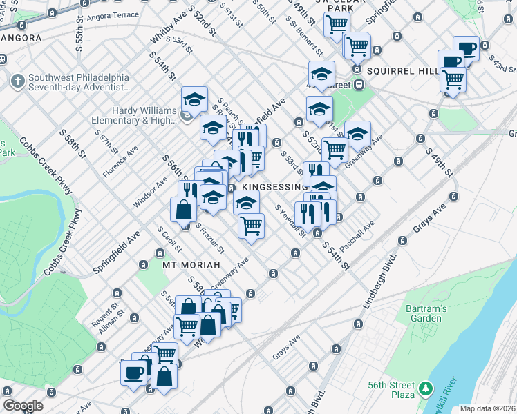 map of restaurants, bars, coffee shops, grocery stores, and more near 1628 South Conestoga Street in Philadelphia