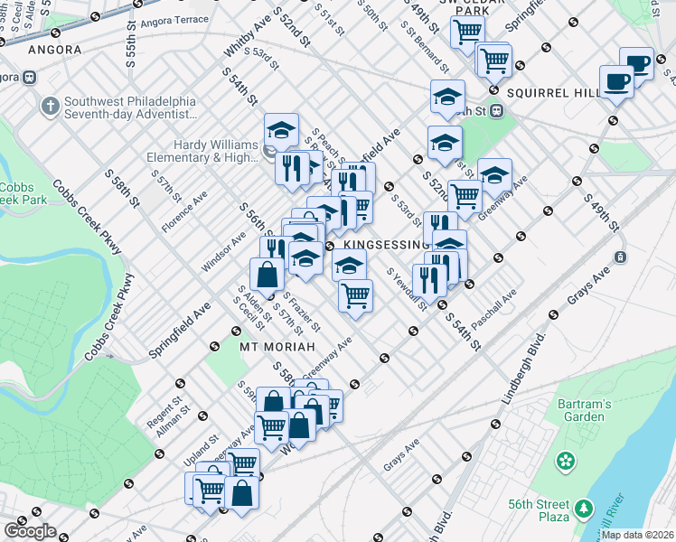 map of restaurants, bars, coffee shops, grocery stores, and more near 5513 Kingsessing Avenue in Philadelphia