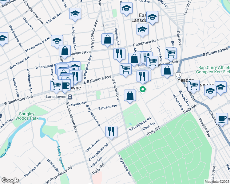 map of restaurants, bars, coffee shops, grocery stores, and more near in Yeadon