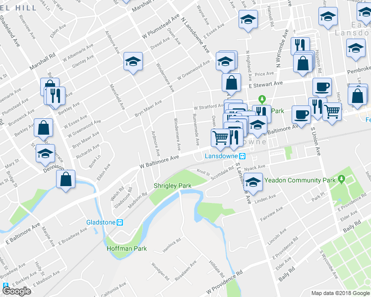 map of restaurants, bars, coffee shops, grocery stores, and more near 83 West Baltimore Avenue in Lansdowne