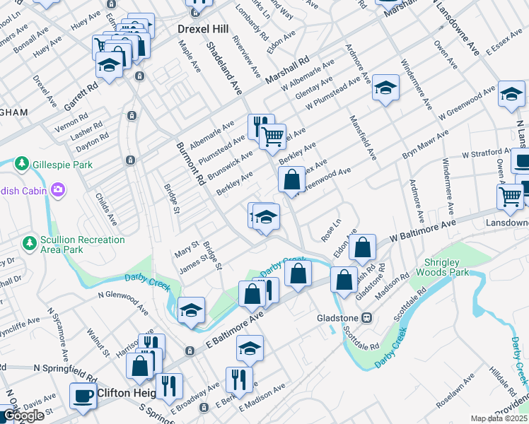 map of restaurants, bars, coffee shops, grocery stores, and more near 134 Abbey Terrace in Drexel Hill