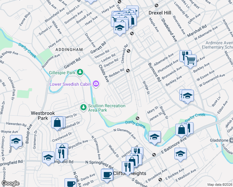 map of restaurants, bars, coffee shops, grocery stores, and more near 231 Wilde Avenue in Drexel Hill
