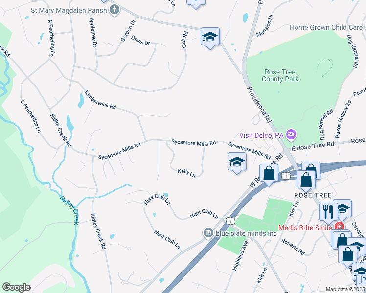 map of restaurants, bars, coffee shops, grocery stores, and more near 260 Sycamore Mills Road in Media