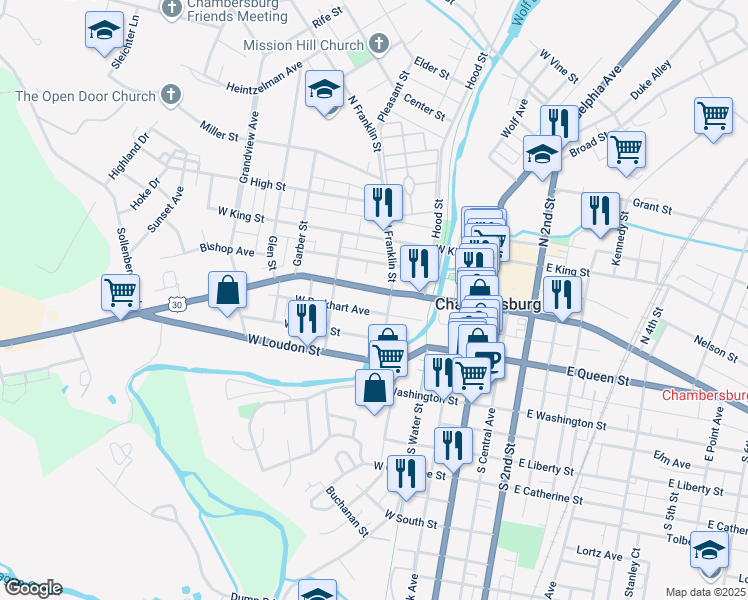 map of restaurants, bars, coffee shops, grocery stores, and more near 27 South Franklin Street in Chambersburg
