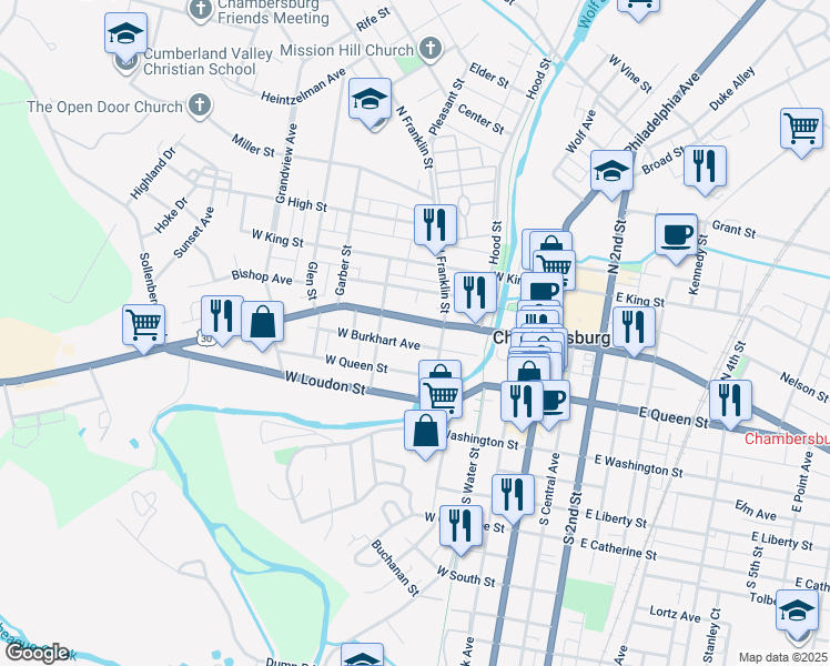 map of restaurants, bars, coffee shops, grocery stores, and more near 265 West Burkhart Avenue in Chambersburg