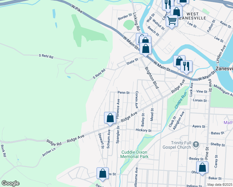 map of restaurants, bars, coffee shops, grocery stores, and more near 216 Schaum Avenue in Zanesville