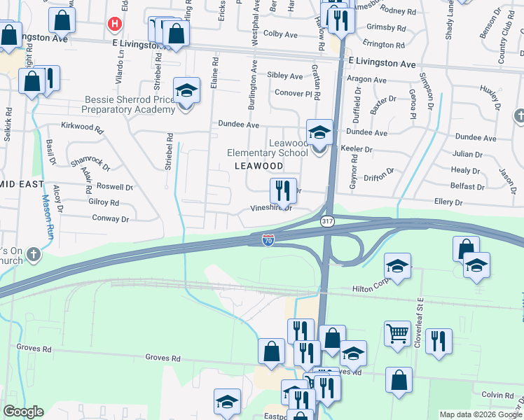 map of restaurants, bars, coffee shops, grocery stores, and more near 4179 Vineshire Drive in Columbus