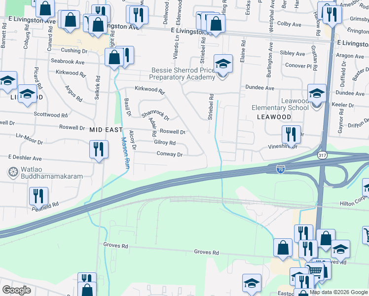 map of restaurants, bars, coffee shops, grocery stores, and more near 3892 Conway Drive in Columbus