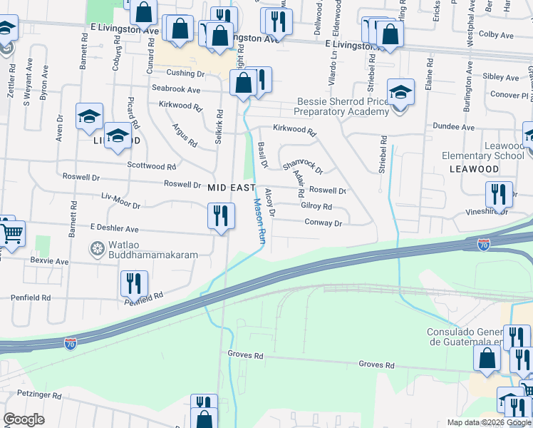 map of restaurants, bars, coffee shops, grocery stores, and more near 1712 Courtright Road in Columbus