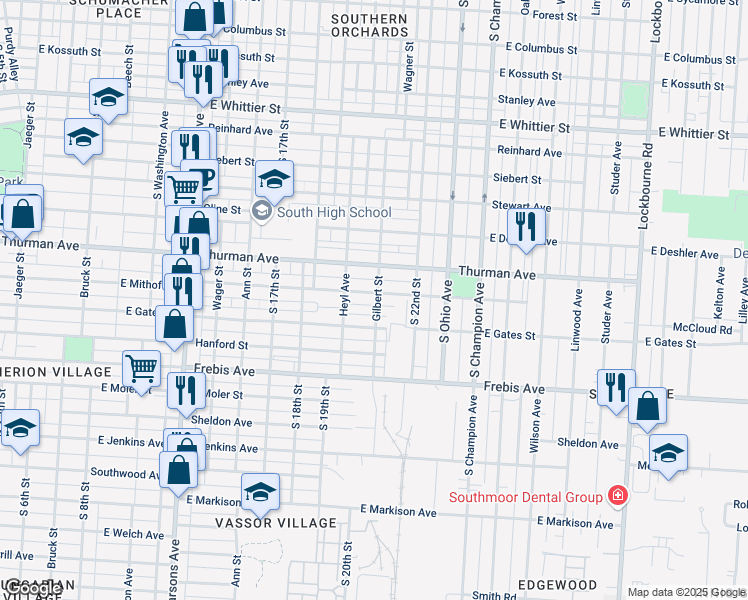 map of restaurants, bars, coffee shops, grocery stores, and more near 1321 Gilbert Street in Columbus