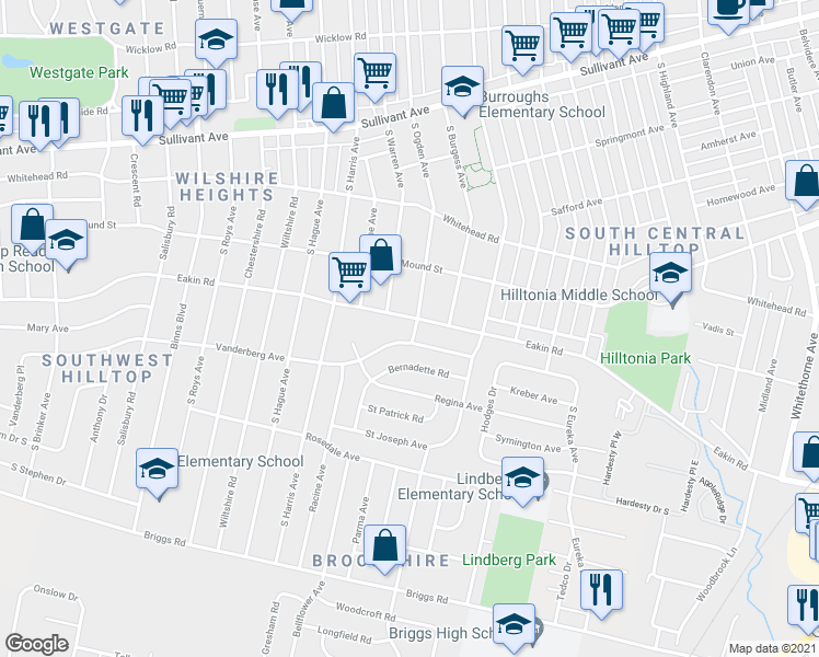 map of restaurants, bars, coffee shops, grocery stores, and more near 847 South Ogden Avenue in Columbus