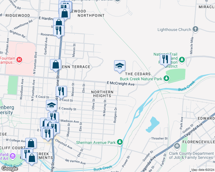 map of restaurants, bars, coffee shops, grocery stores, and more near 1100-1198 Winton Place in Springfield