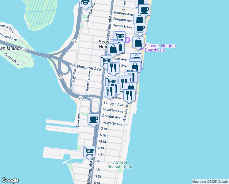 map of restaurants, bars, coffee shops, grocery stores, and more near 22 Ocean Boulevard in Seaside Heights