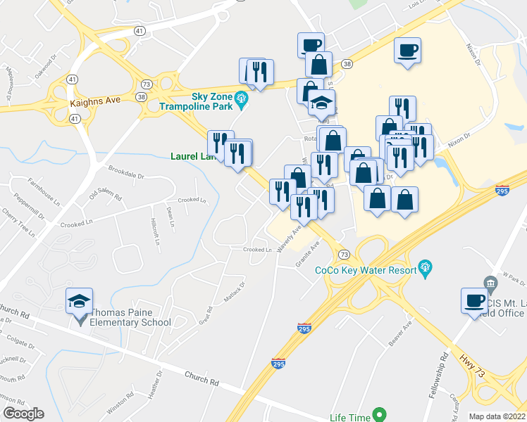 map of restaurants, bars, coffee shops, grocery stores, and more near 39 Village of Stoney Run in Maple Shade