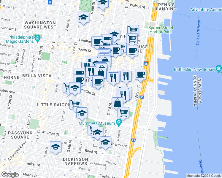map of restaurants, bars, coffee shops, grocery stores, and more near 806 South 3rd Street in Philadelphia