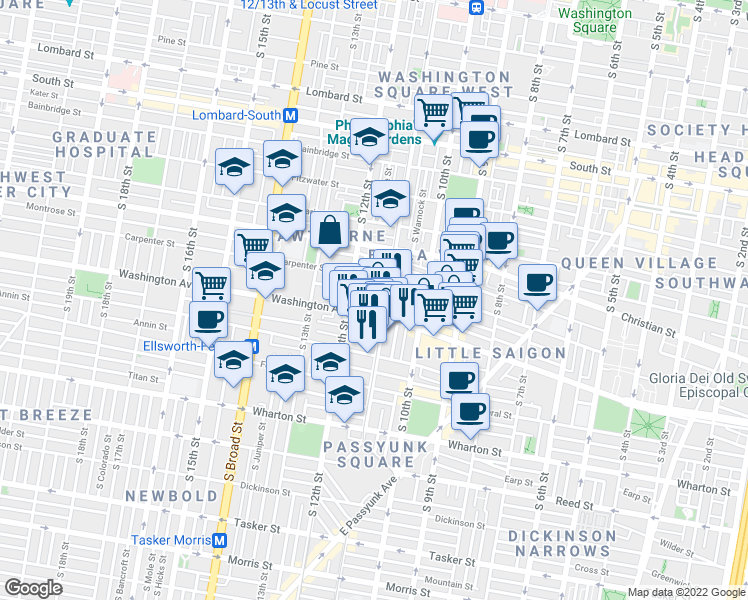 map of restaurants, bars, coffee shops, grocery stores, and more near 1101 Washington Avenue in Philadelphia