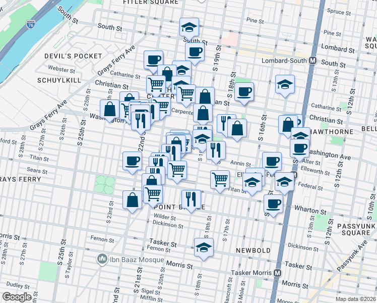map of restaurants, bars, coffee shops, grocery stores, and more near 1929 Annin Street in Philadelphia