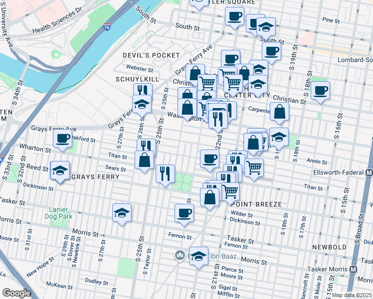 map of restaurants, bars, coffee shops, grocery stores, and more near 1221 South Bucknell Street in Philadelphia