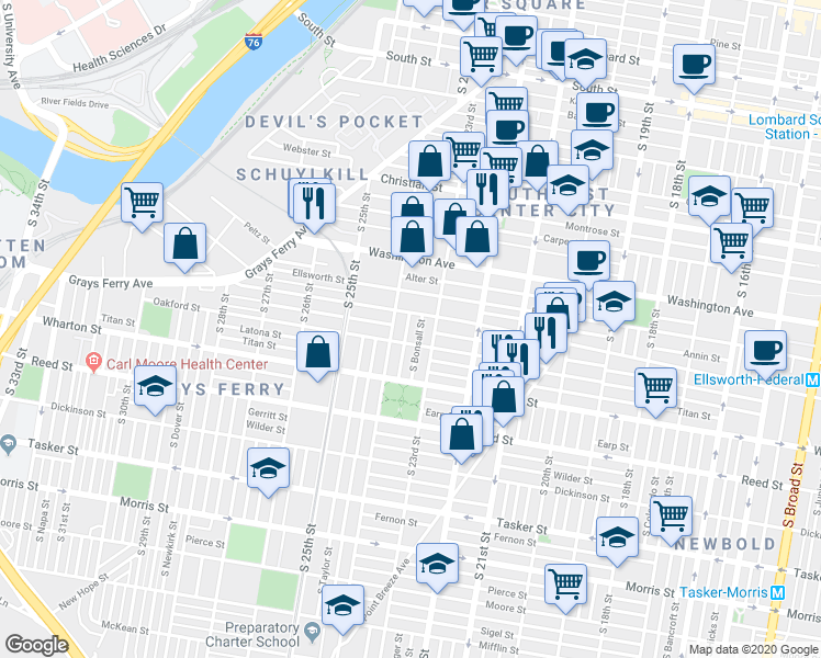 map of restaurants, bars, coffee shops, grocery stores, and more near 1221 South Bucknell Street in Philadelphia