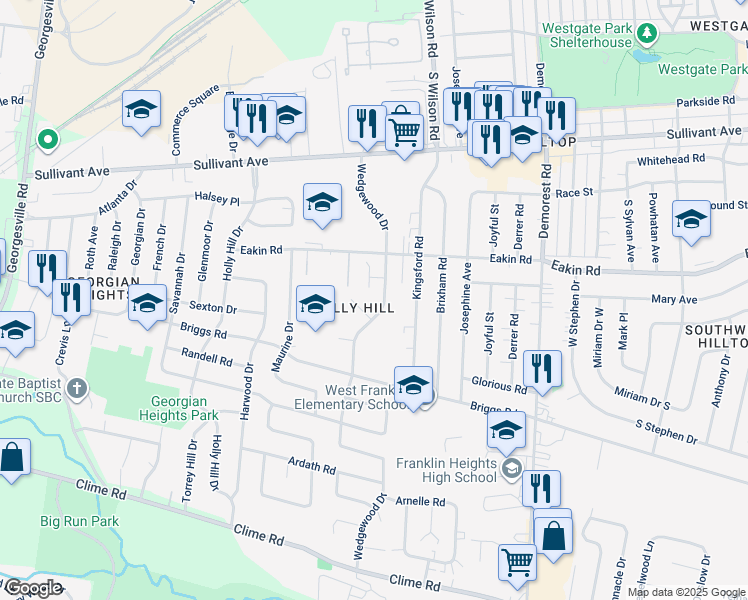map of restaurants, bars, coffee shops, grocery stores, and more near 777 Wedgewood Drive in Columbus