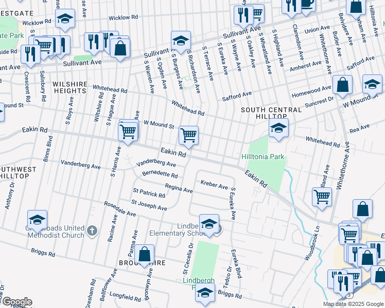 map of restaurants, bars, coffee shops, grocery stores, and more near 2592 Eakin Road in Columbus