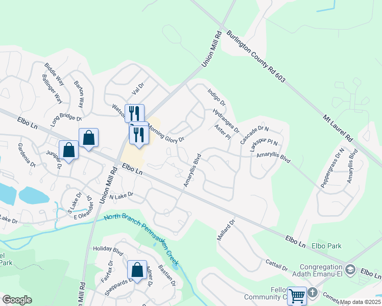 map of restaurants, bars, coffee shops, grocery stores, and more near 3101 Sweetleaf Terrace in Mount Laurel Township