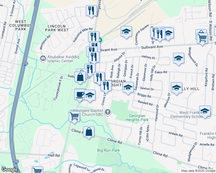 map of restaurants, bars, coffee shops, grocery stores, and more near 4190 Salem Drive in Columbus