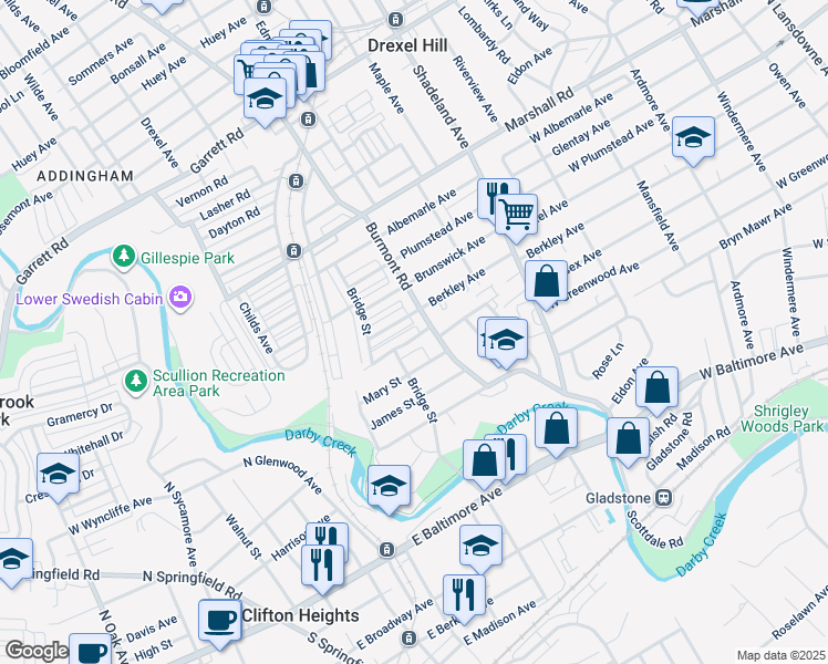 map of restaurants, bars, coffee shops, grocery stores, and more near 3817 Anne Street in Drexel Hill