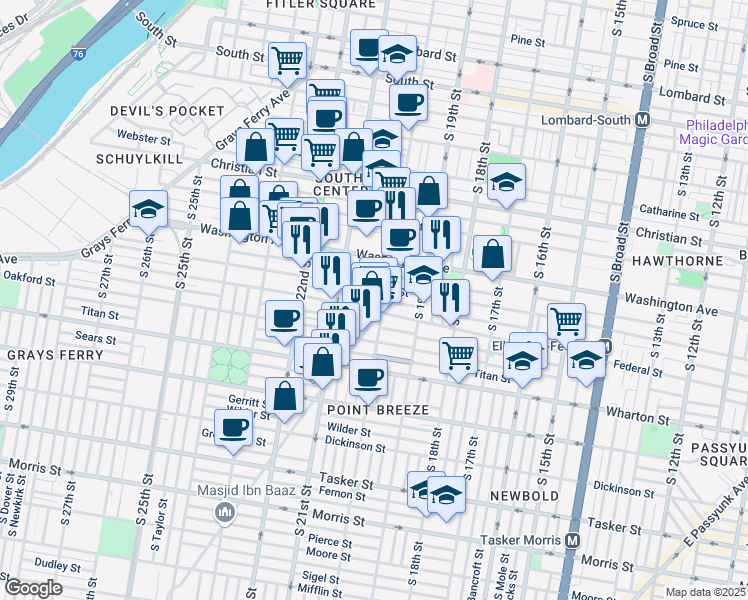 map of restaurants, bars, coffee shops, grocery stores, and more near 2012 Annin Street in Philadelphia