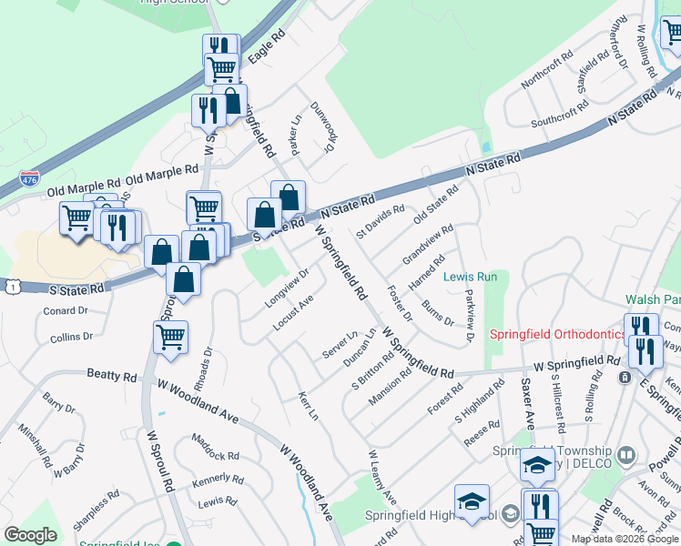 map of restaurants, bars, coffee shops, grocery stores, and more near 19 Locust Avenue in Springfield