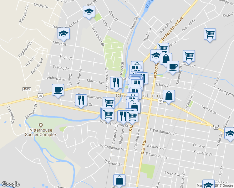 map of restaurants, bars, coffee shops, grocery stores, and more near 116 Lincoln Way West in Chambersburg