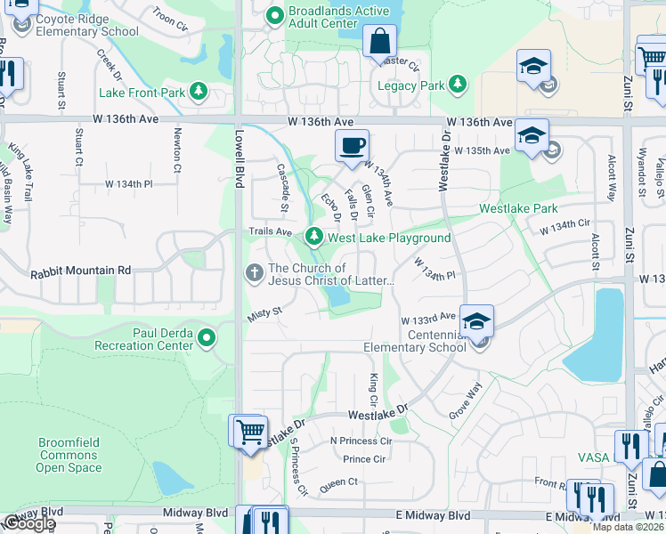 map of restaurants, bars, coffee shops, grocery stores, and more near 13355 Fawn Court in Broomfield