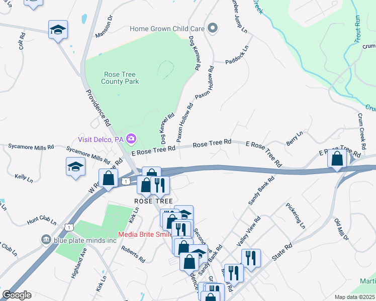map of restaurants, bars, coffee shops, grocery stores, and more near 230 East Rose Tree Road in Media