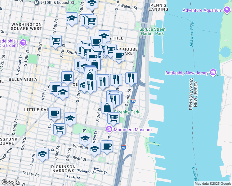 map of restaurants, bars, coffee shops, grocery stores, and more near 792 South 2nd Street in Philadelphia