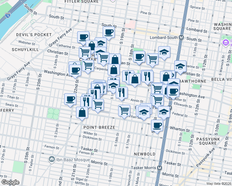 map of restaurants, bars, coffee shops, grocery stores, and more near 1141 South Cleveland Street in Philadelphia