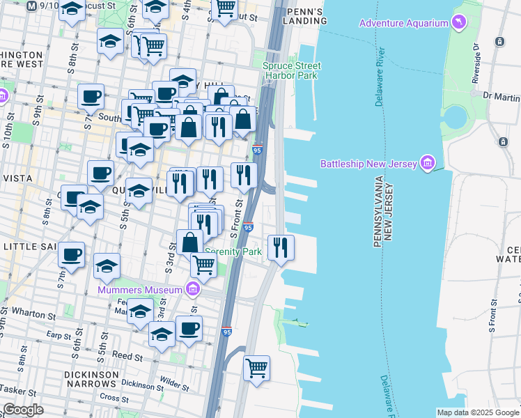 map of restaurants, bars, coffee shops, grocery stores, and more near 740 South Christopher Columbus Boulevard in Philadelphia