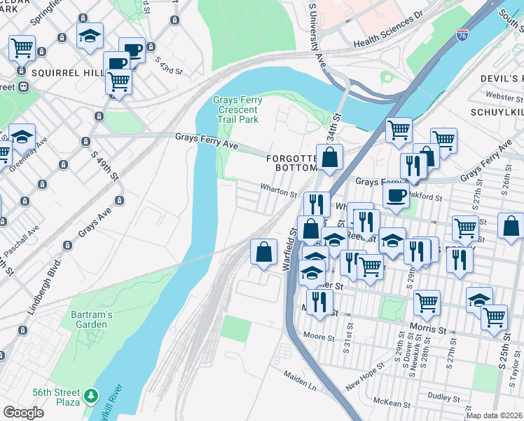 map of restaurants, bars, coffee shops, grocery stores, and more near 1354 South Harmony Street in Philadelphia