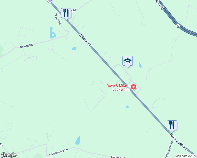 map of restaurants, bars, coffee shops, grocery stores, and more near 130 Mia Drive in Uniontown