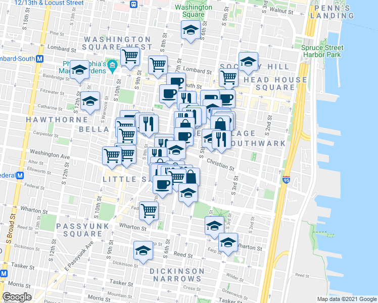 map of restaurants, bars, coffee shops, grocery stores, and more near 535 Christian Street in Philadelphia