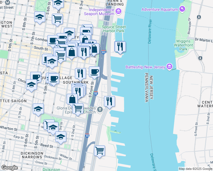 map of restaurants, bars, coffee shops, grocery stores, and more near 740 South Christopher Columbus Boulevard in Philadelphia