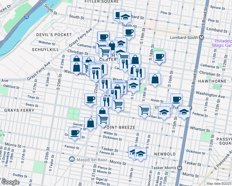 map of restaurants, bars, coffee shops, grocery stores, and more near 2022 Annin Street in Philadelphia