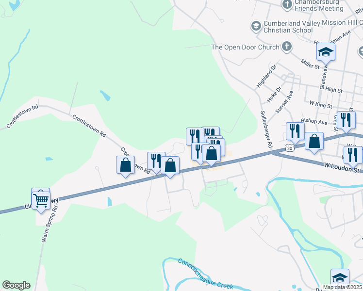 map of restaurants, bars, coffee shops, grocery stores, and more near 100 Park Circle in Chambersburg