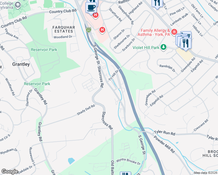 map of restaurants, bars, coffee shops, grocery stores, and more near 1428 South George Street in York