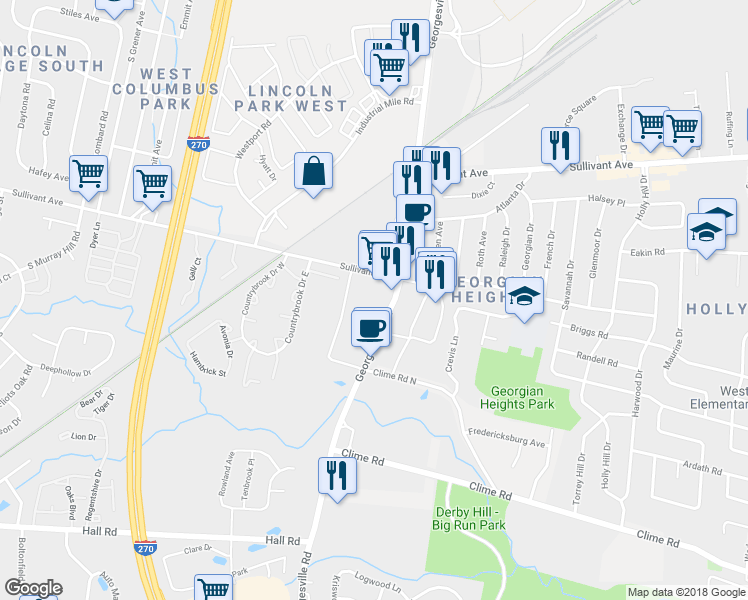 map of restaurants, bars, coffee shops, grocery stores, and more near 385 Georgesville Rd in Columbus