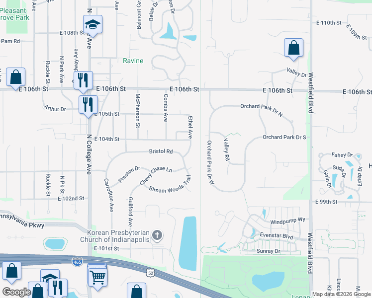 map of restaurants, bars, coffee shops, grocery stores, and more near 10340 Winchester Place in Indianapolis
