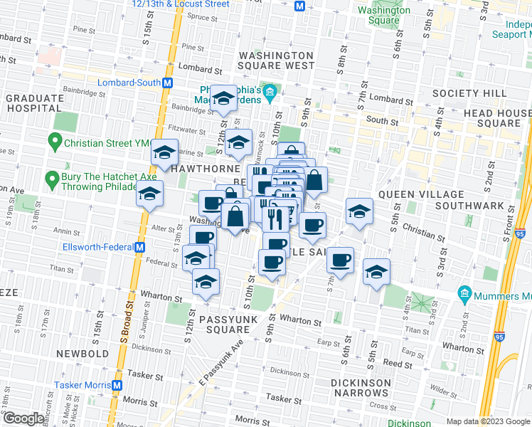 map of restaurants, bars, coffee shops, grocery stores, and more near 1005 South 10th Street in Philadelphia