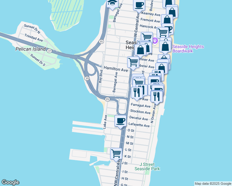 map of restaurants, bars, coffee shops, grocery stores, and more near 230 Porter Avenue in Seaside Heights