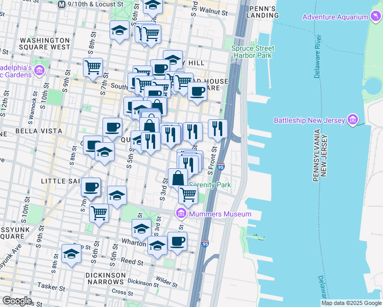 map of restaurants, bars, coffee shops, grocery stores, and more near 792 South 2nd Street in Philadelphia